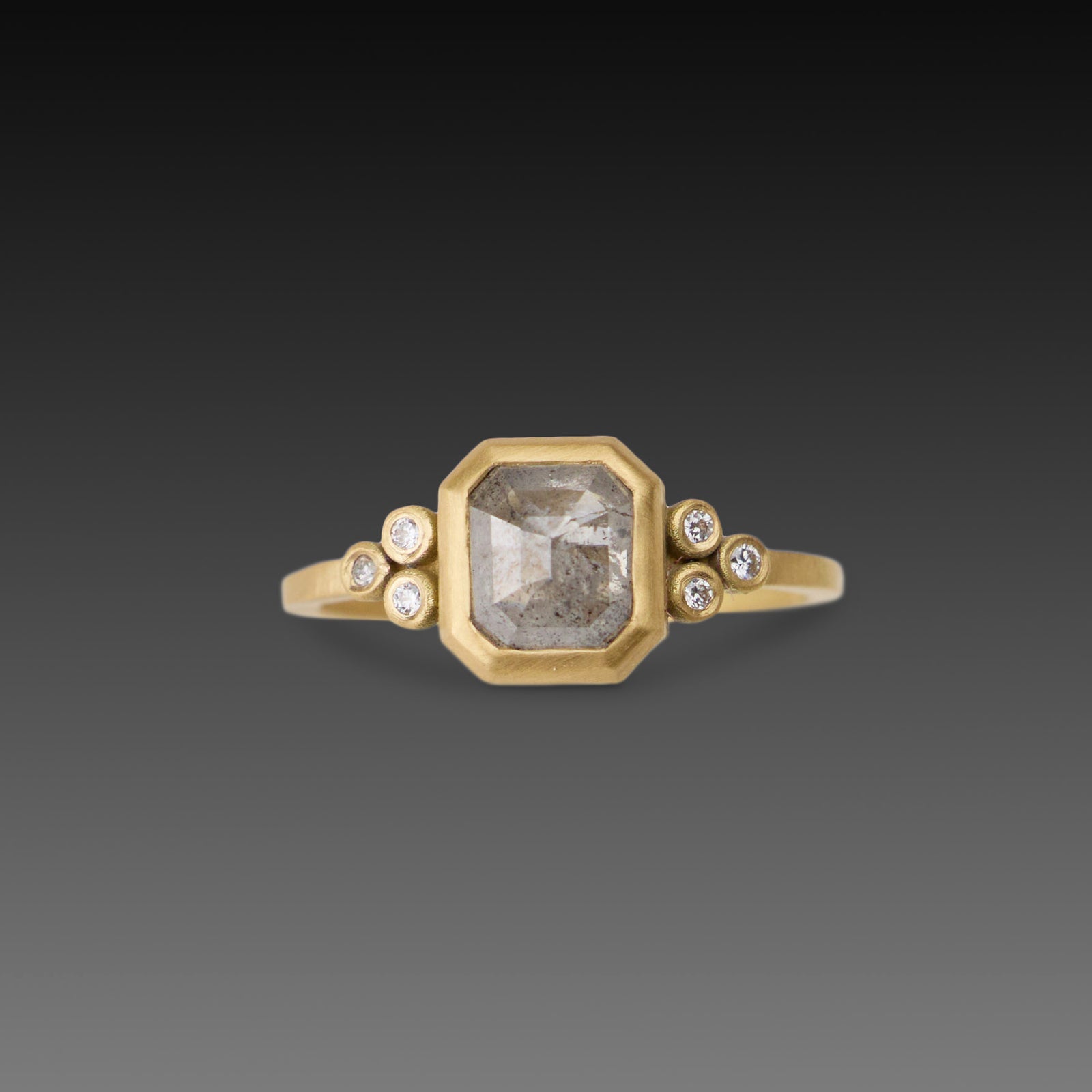 Square Gray Diamond Ring with Diamond Trios