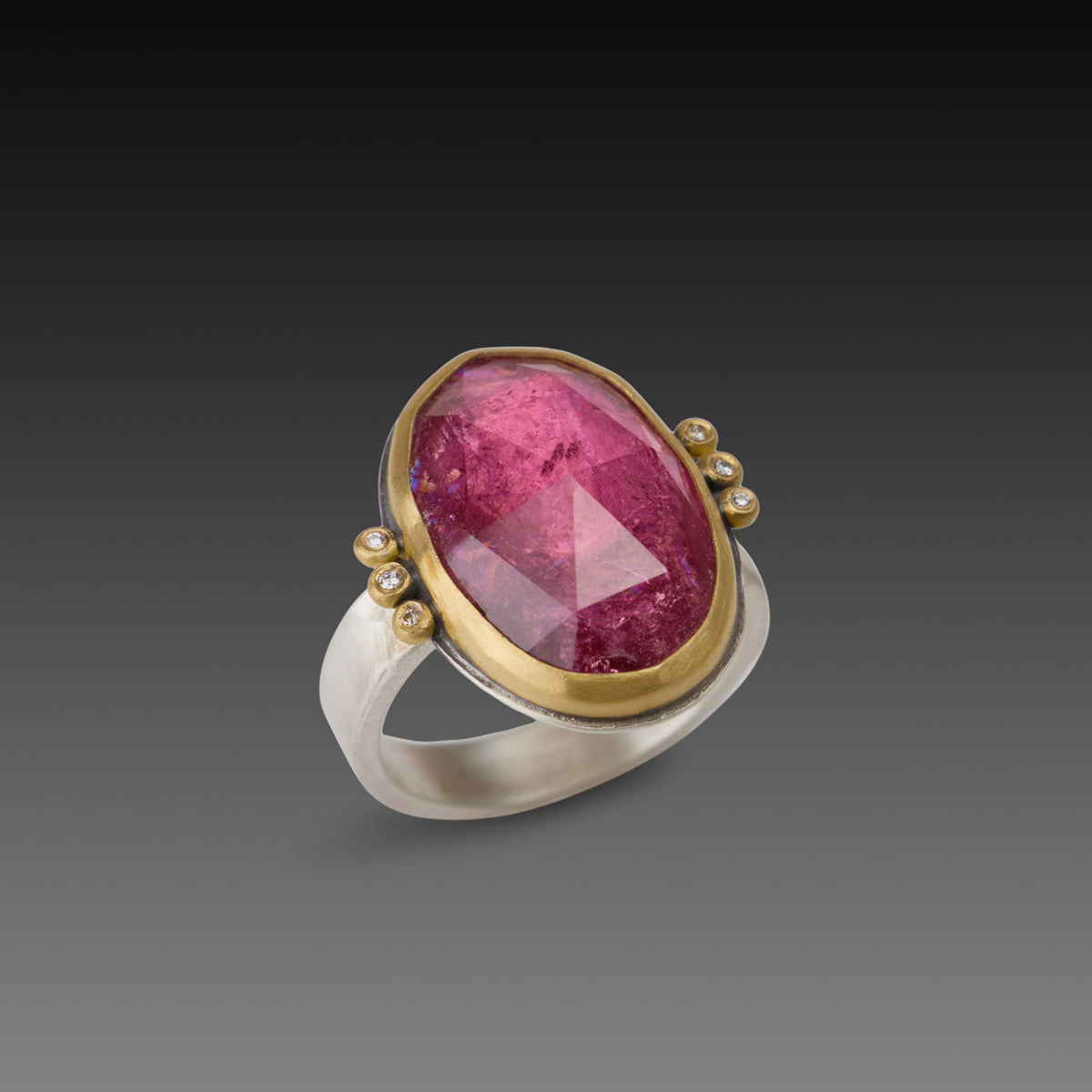 Pink Tourmaline Ring with Diamond Trios