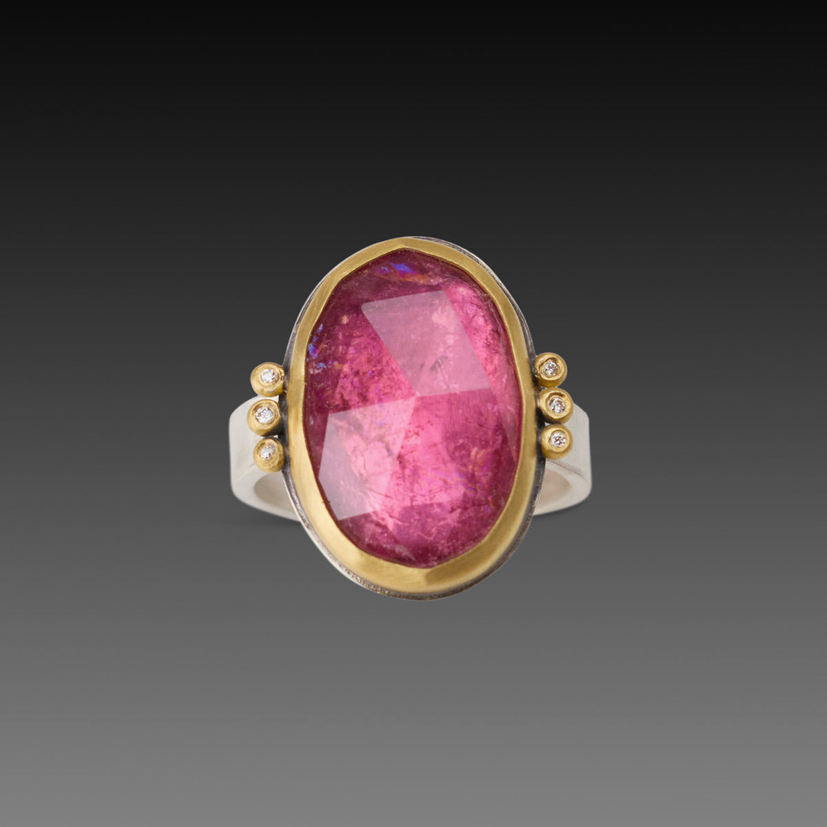 Pink Tourmaline Ring with Diamond Trios