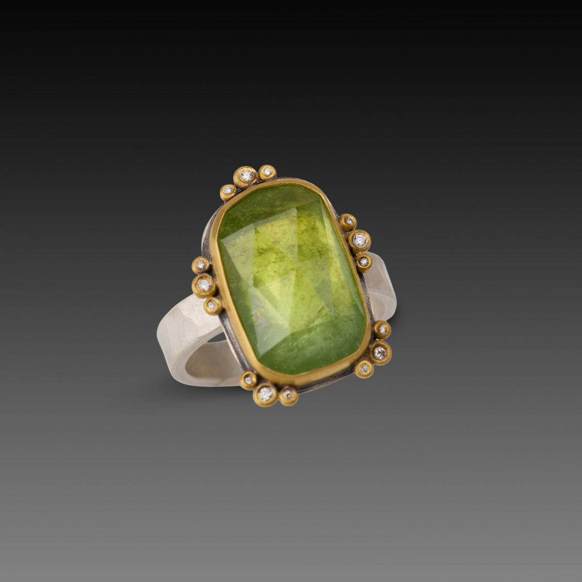 Green Tourmaline Ring with Diamond Trios