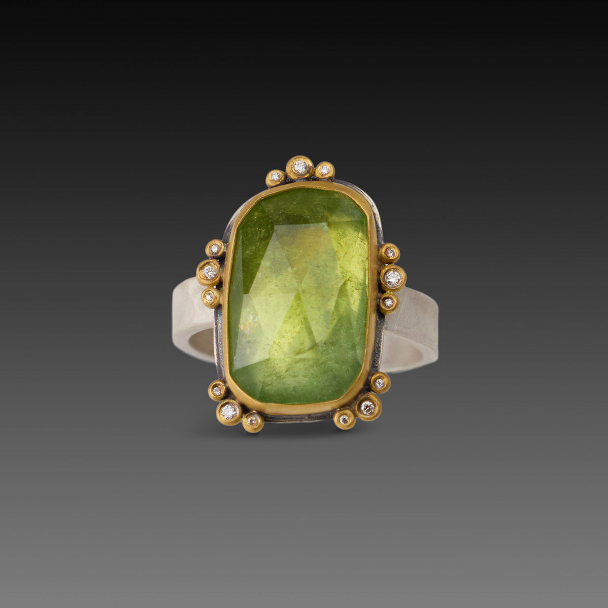 Green Tourmaline Ring with Diamond Trios