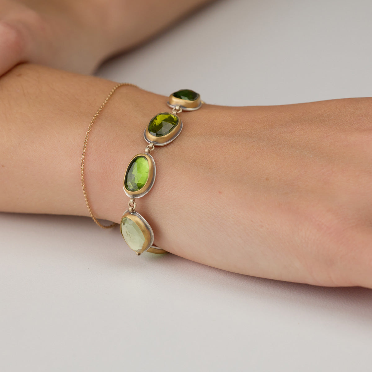 Good Green Tourmaline Bracelet, gold links, gorgeous regal small slender natural gemstone jewelry