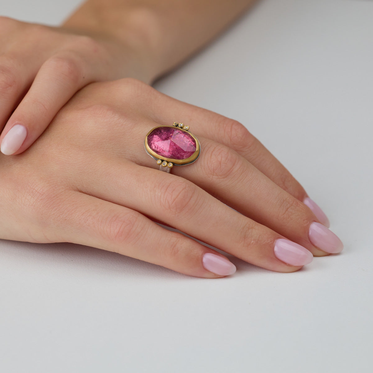 Pink Tourmaline Ring with Diamond Trios