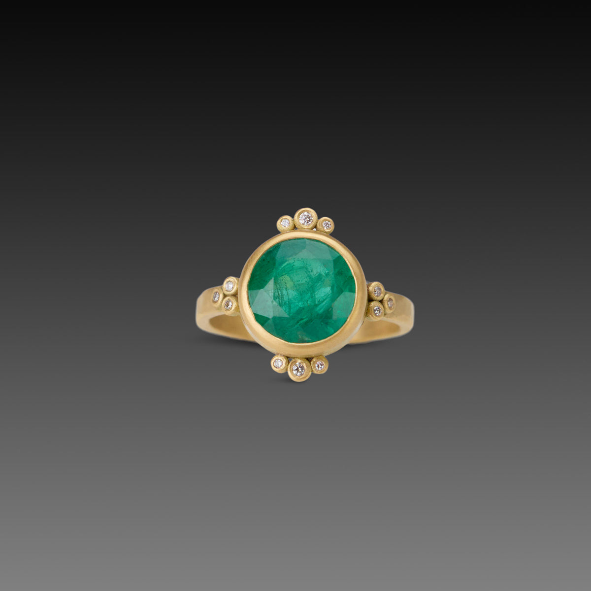 Round Emerald Ring With Diamond Trios