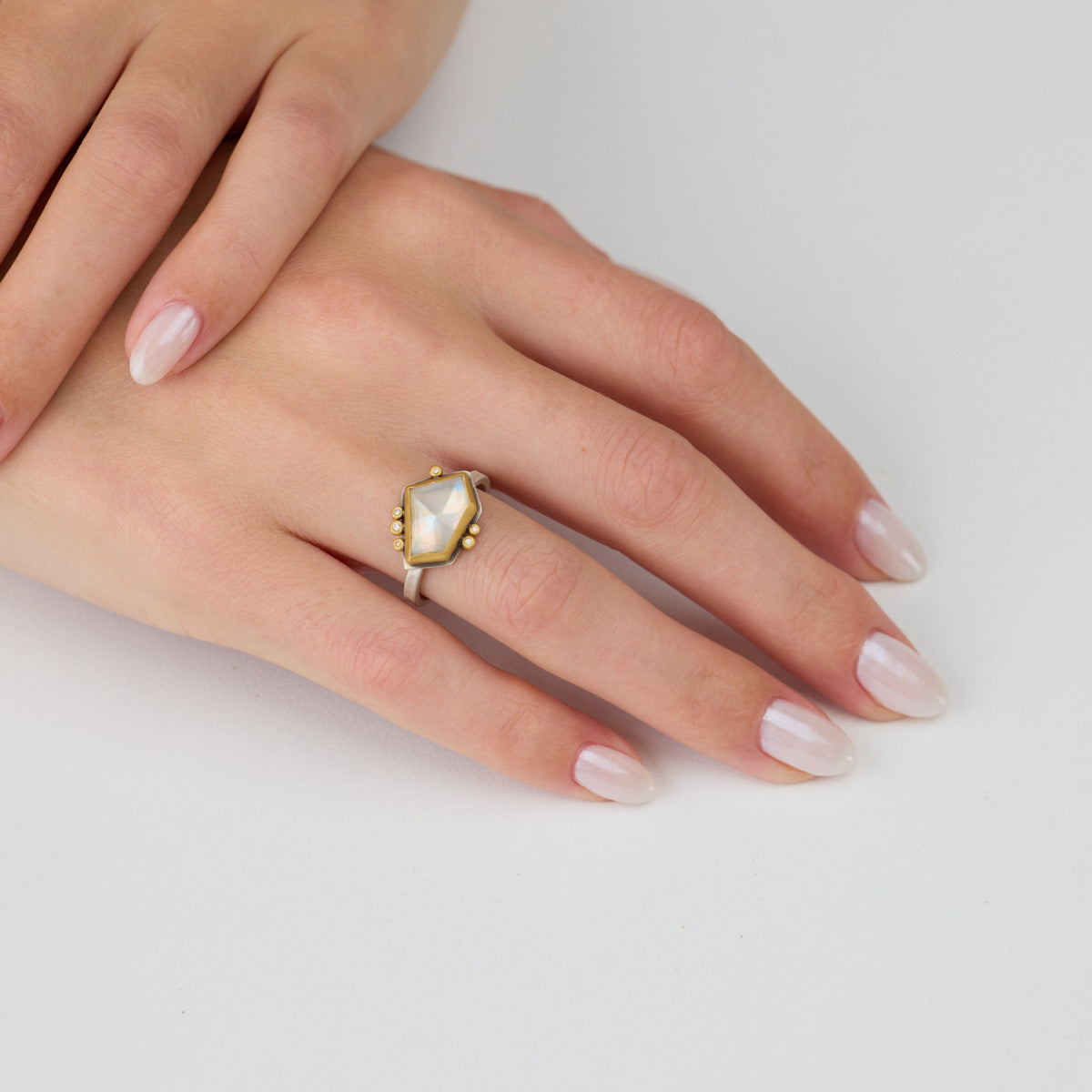 Geometric Rainbow Moonstone Ring with Diamonds