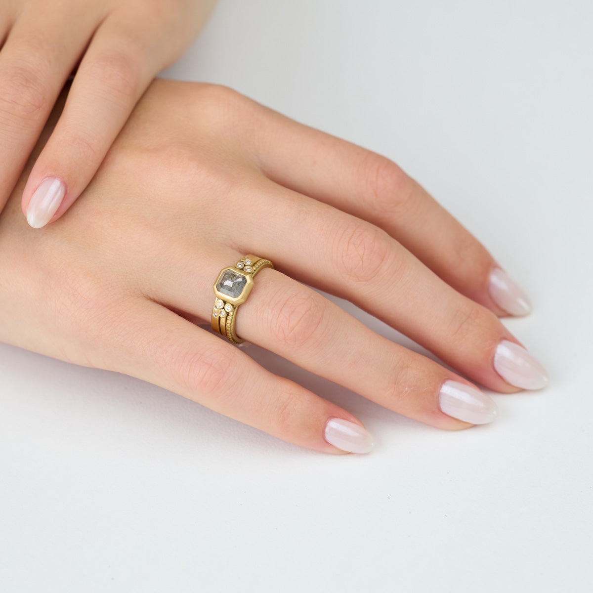 Square Gray Diamond Ring with Diamond Trios