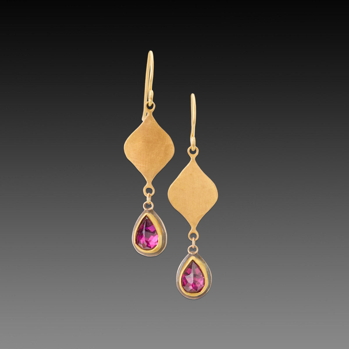 Hammered Gold Earrings with Garnet Drops