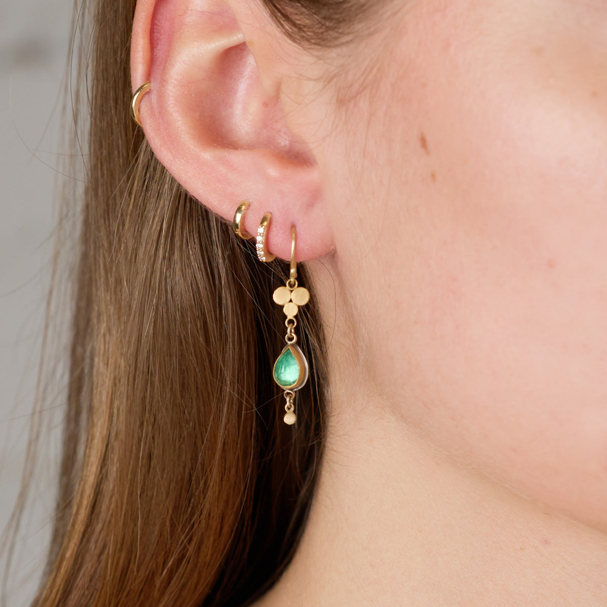 Emerald Teardrop Earrings with Gold Trios