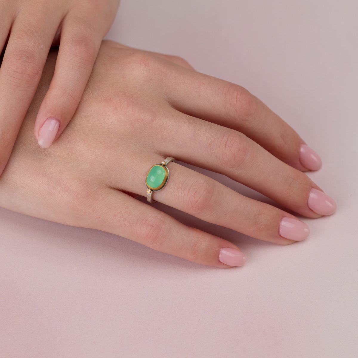 Smooth Oval Chrysoprase Ring with Diamonds