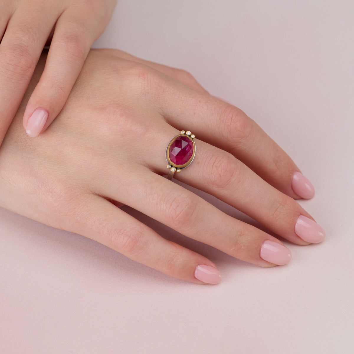 Pink Tourmaline Ring with Diamond Trios