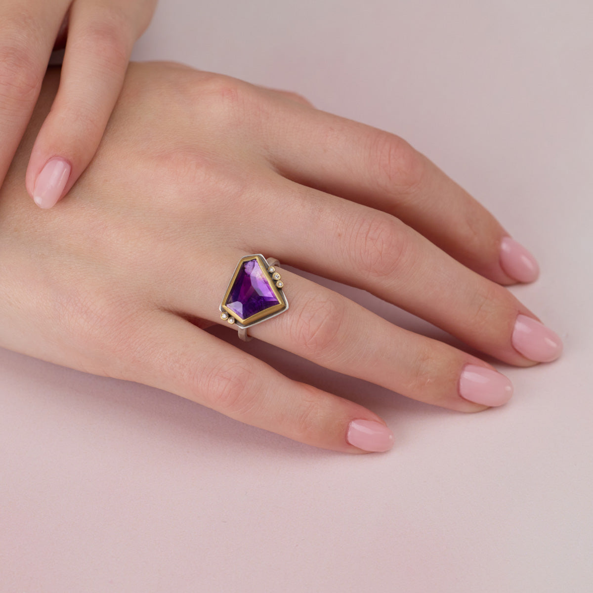 Geometric Amethyst Ring with Five Diamonds