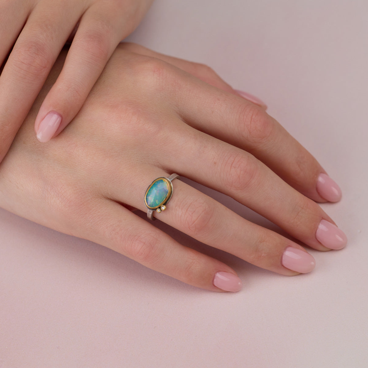 Rose Cut Ethiopian Opal Ring With Diamonds