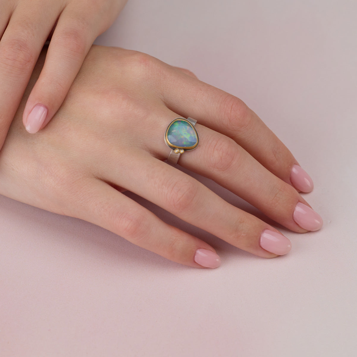 Rose Cut Ethiopian Opal Ring With Two Diamonds