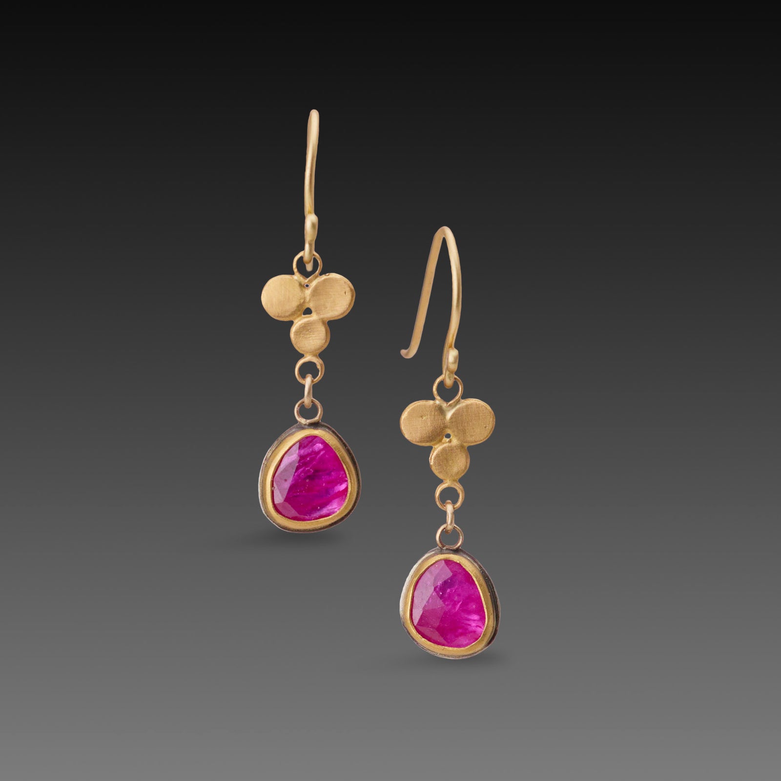 Organic Ruby Drop Earrings with Gold Trios