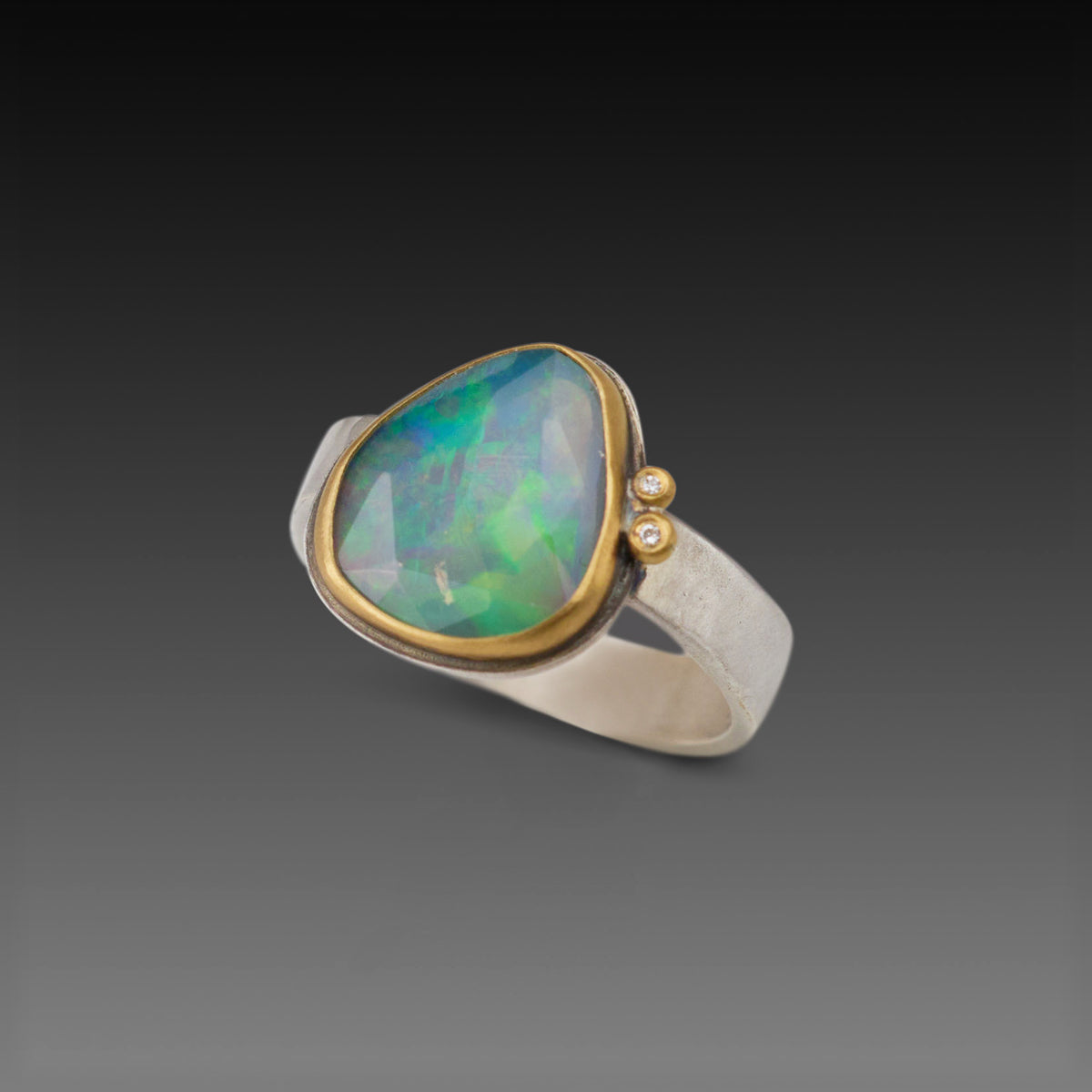 Rose Cut Ethiopian Opal Ring With Two Diamonds