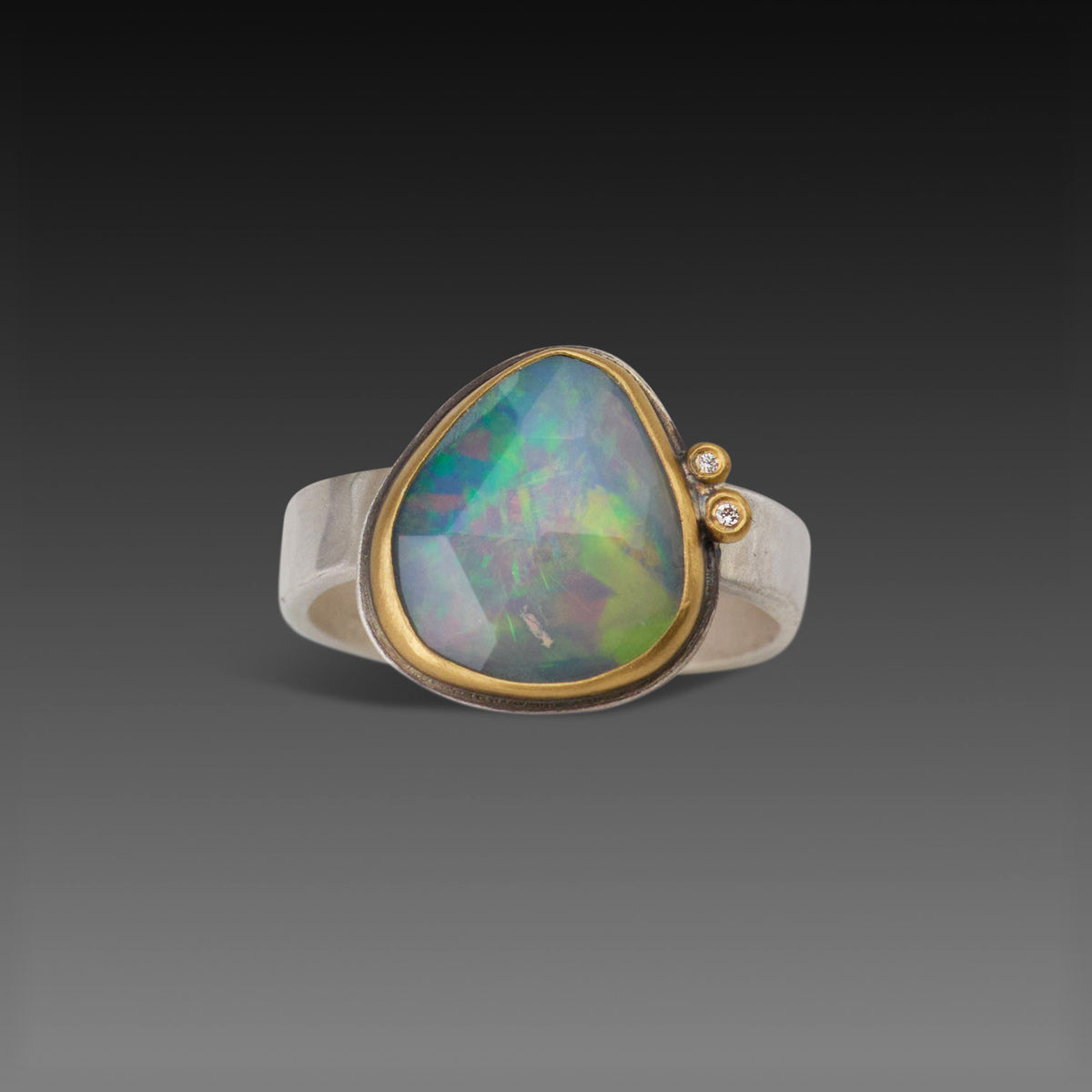 Rose Cut Ethiopian Opal Ring With Two Diamonds