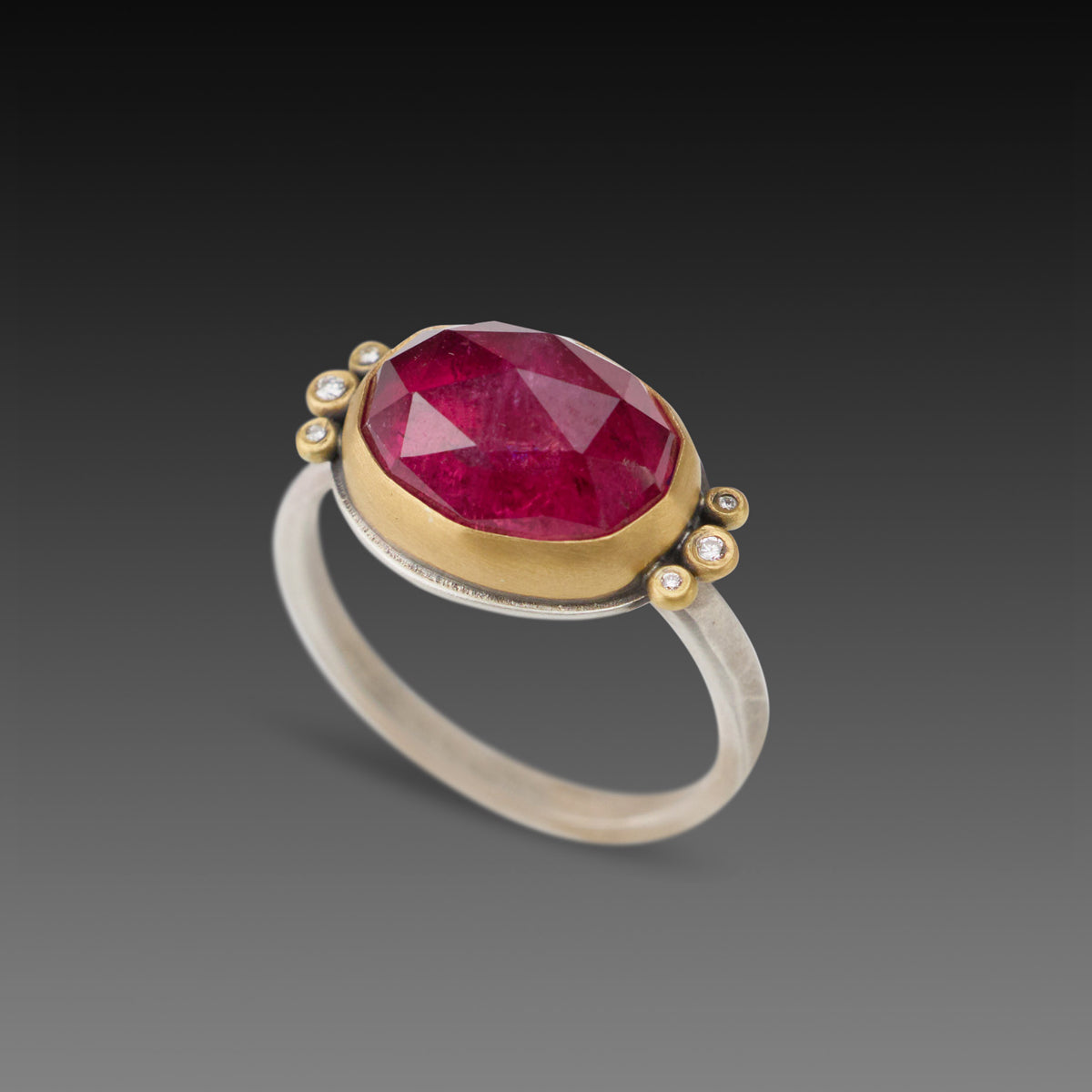 Pink Tourmaline Ring with Diamond Trios