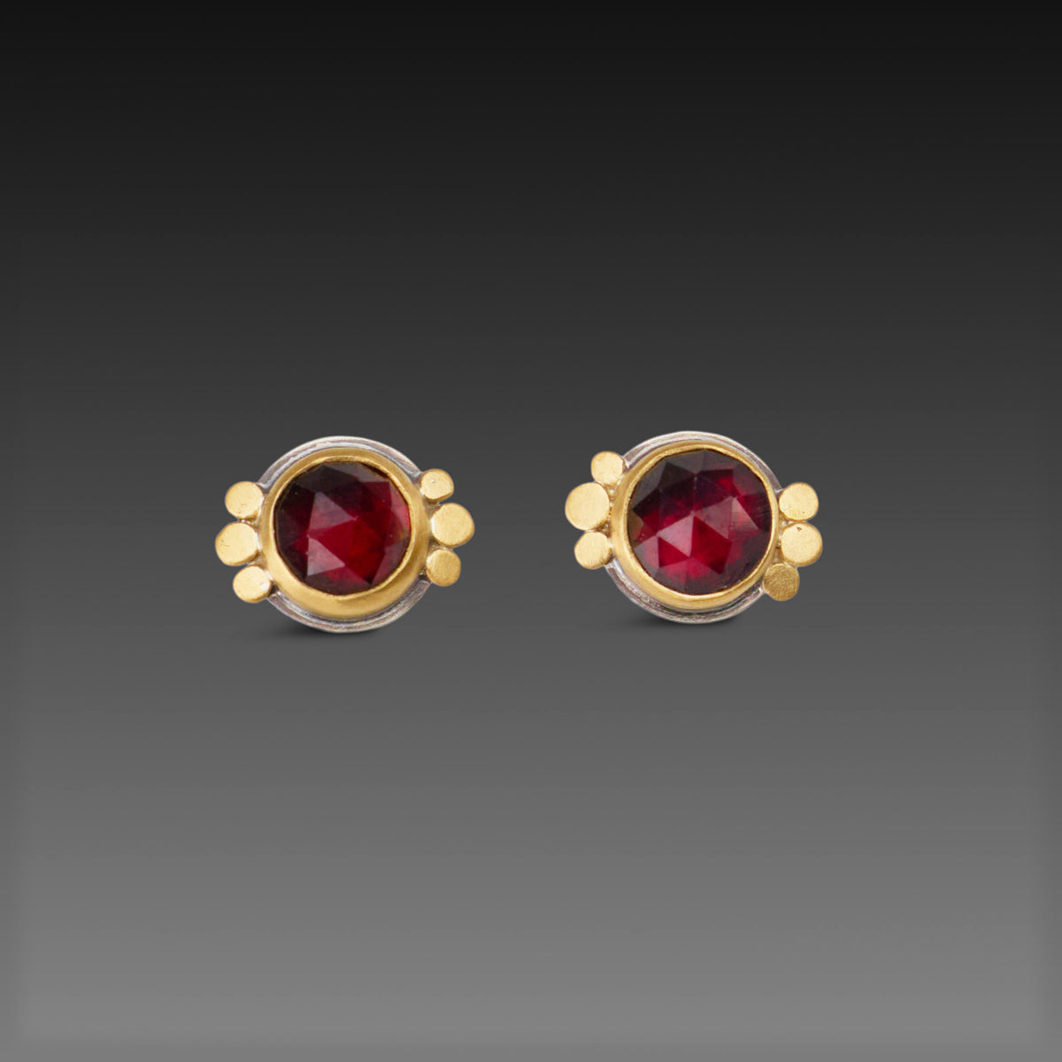 Round Garnet Stud Earrings with Trios