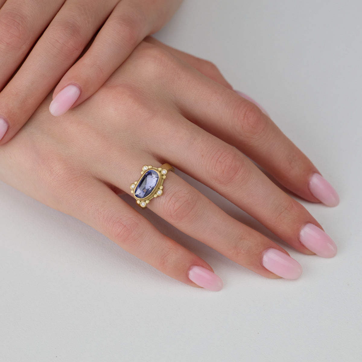 Blue Sapphire Ring with Diamond Dot Trios