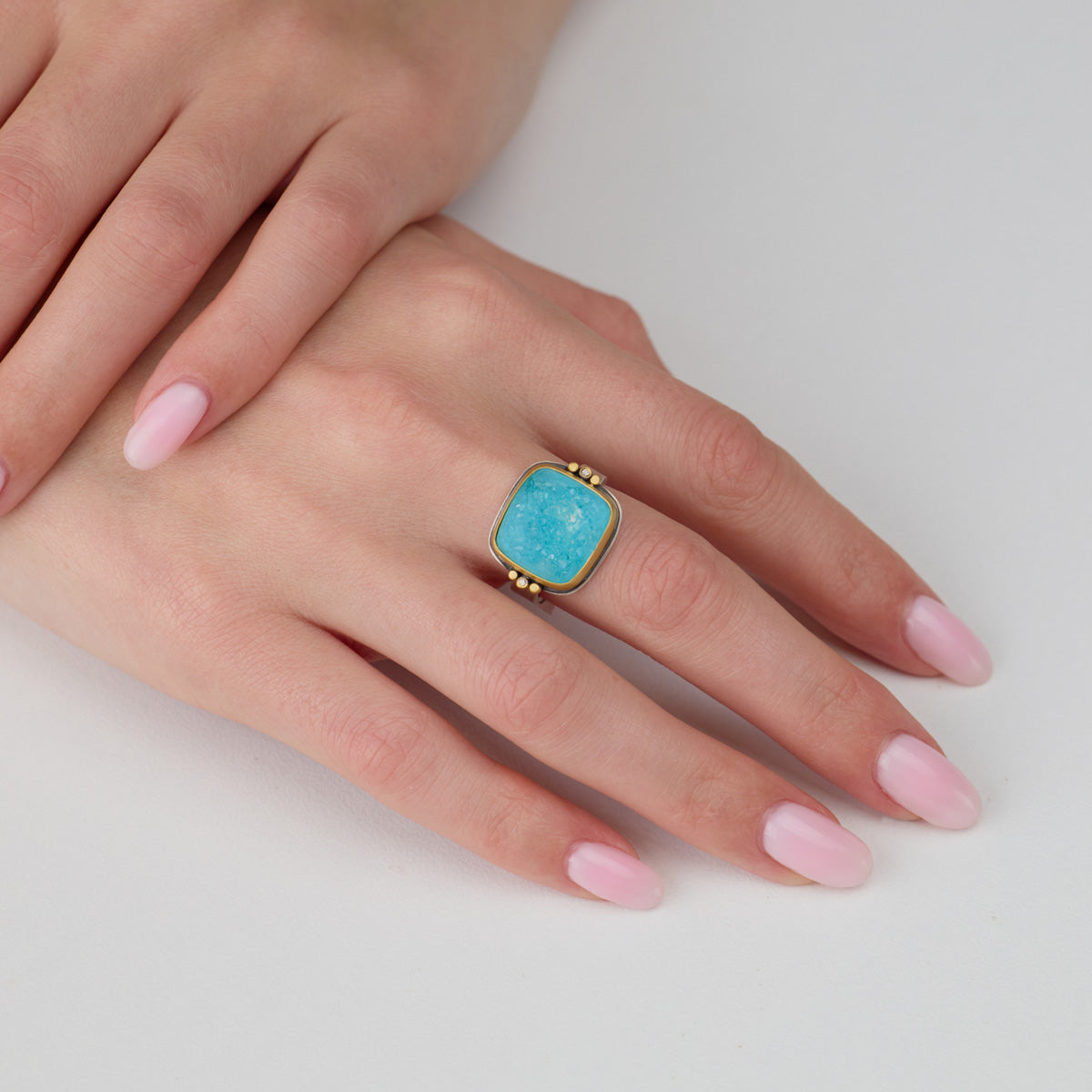 Chrysocolla Druzy Ring with Diamond trios