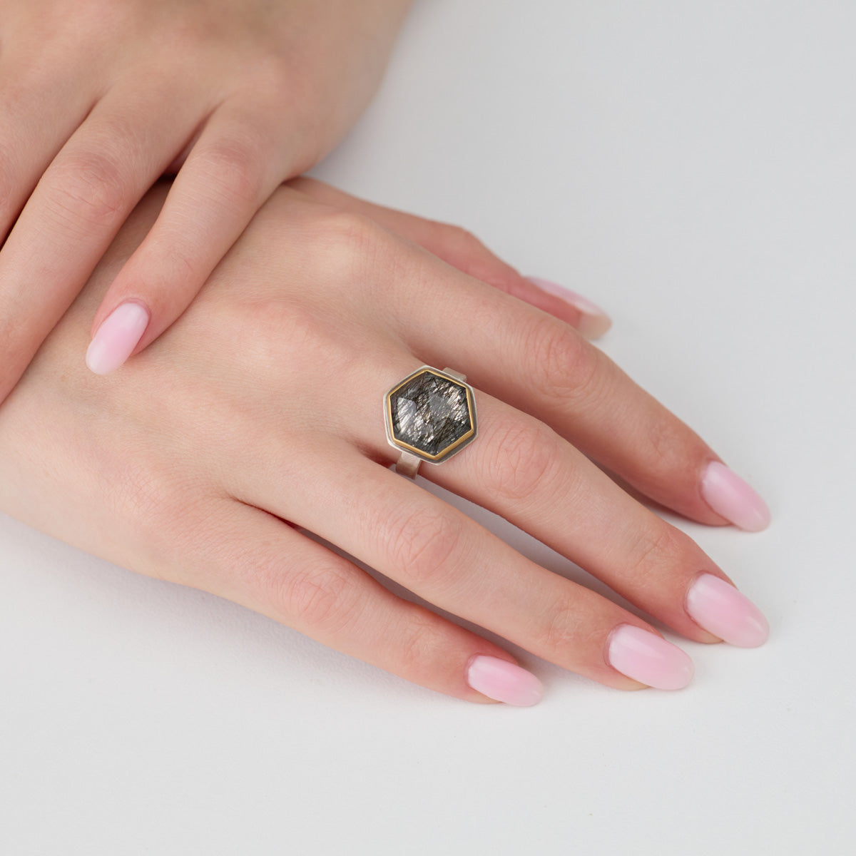 Tourmalinated Quartz Hexagon Ring