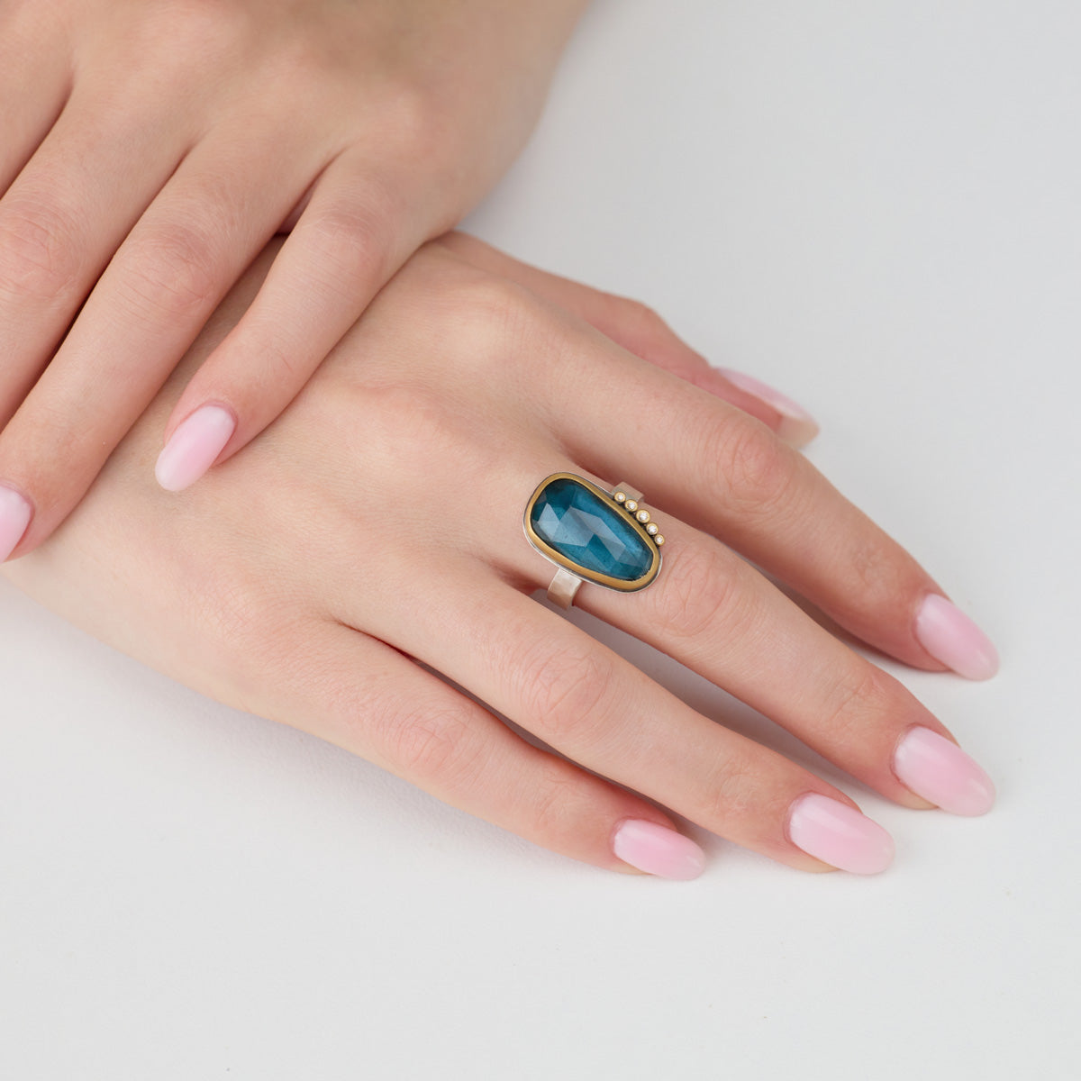 London Blue Topaz Ring with Diamond Arc