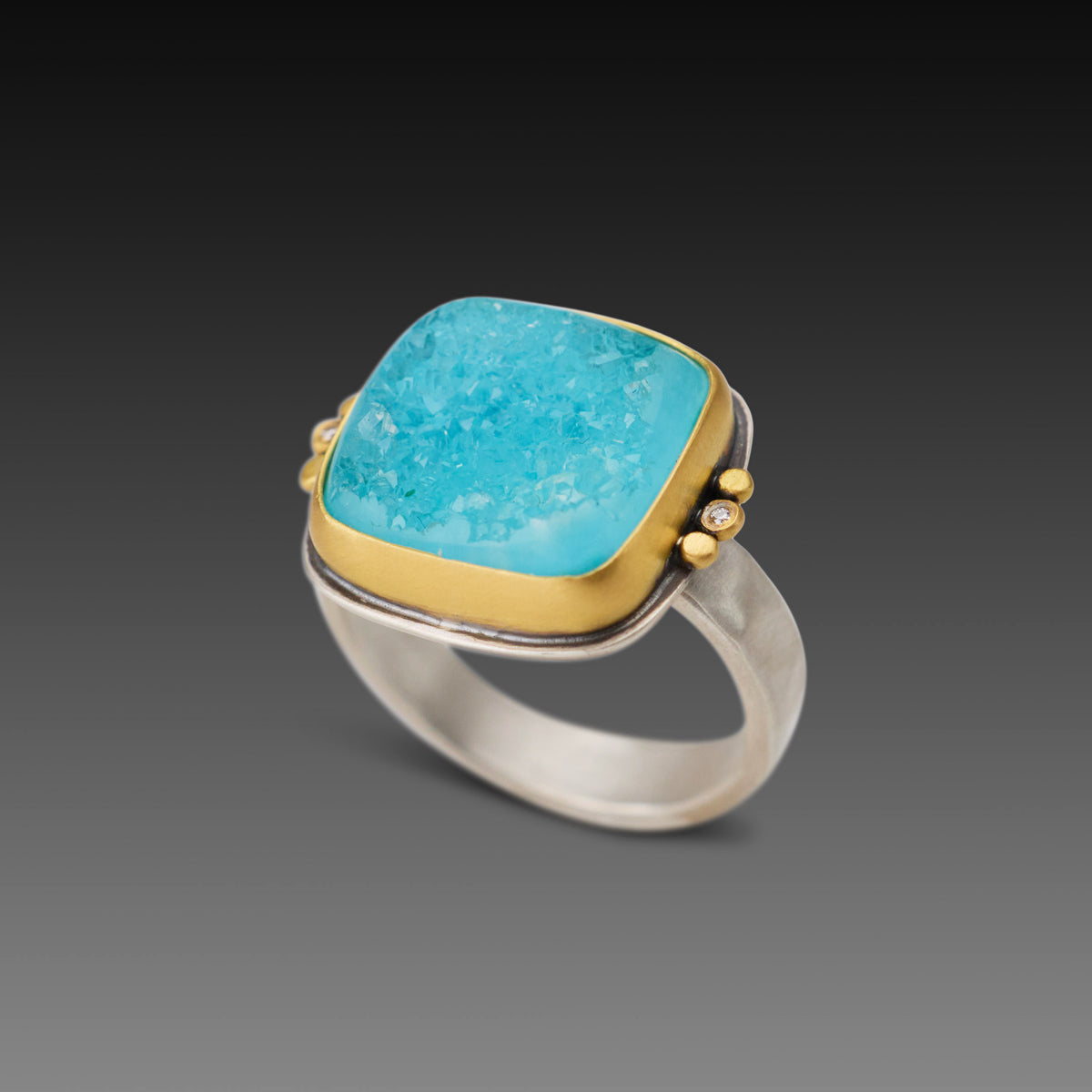 Chrysocolla Druzy Ring with Diamond trios