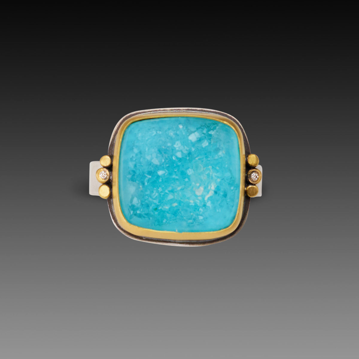 Chrysocolla Druzy Ring with Diamond trios