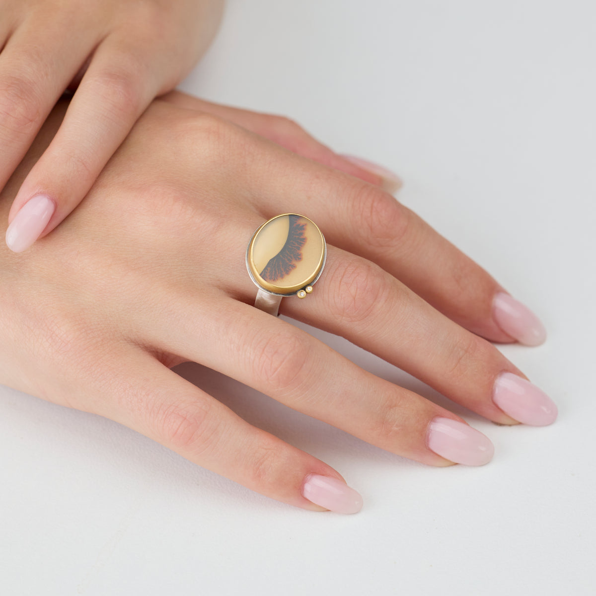 Dendritic Agate Ring with Diamonds