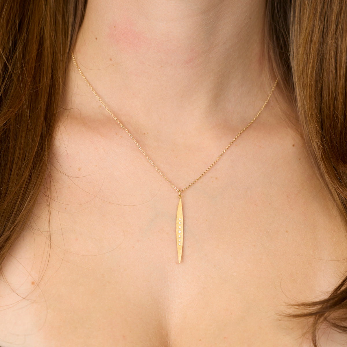 Gold Long Leaf Necklace with Diamonds