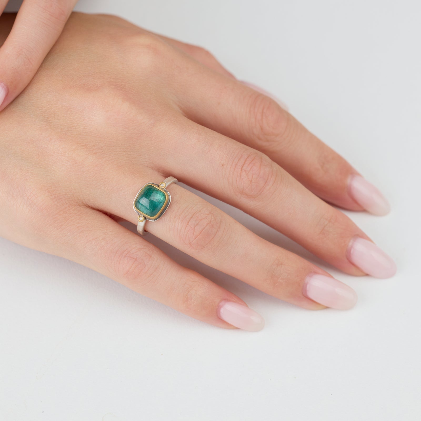 Smooth Green Tourmaline Ring with Diamonds