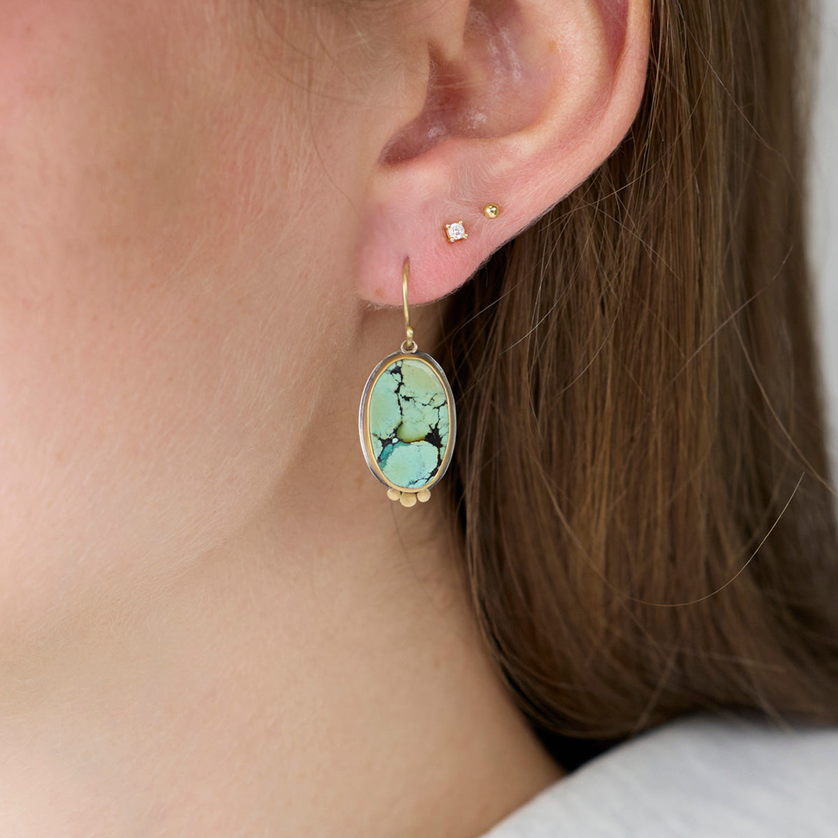 Oval Turquoise Earrings with 22k Gold Trios