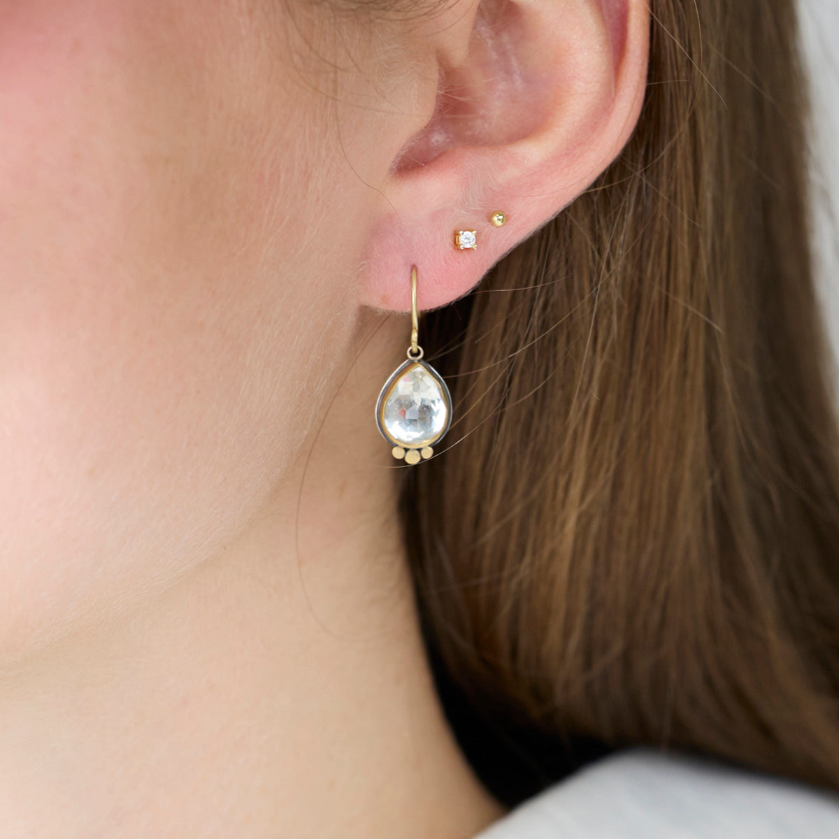 Clear Topaz Teardrop Earrings with 22k Gold Dots
