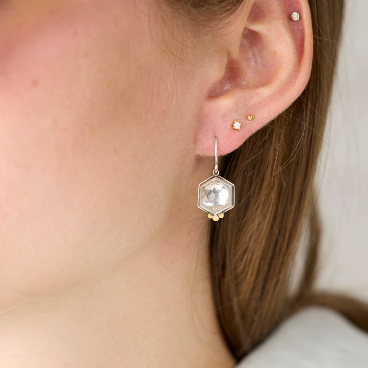 Geometric Clear Topaz Earrings with Gold Dots