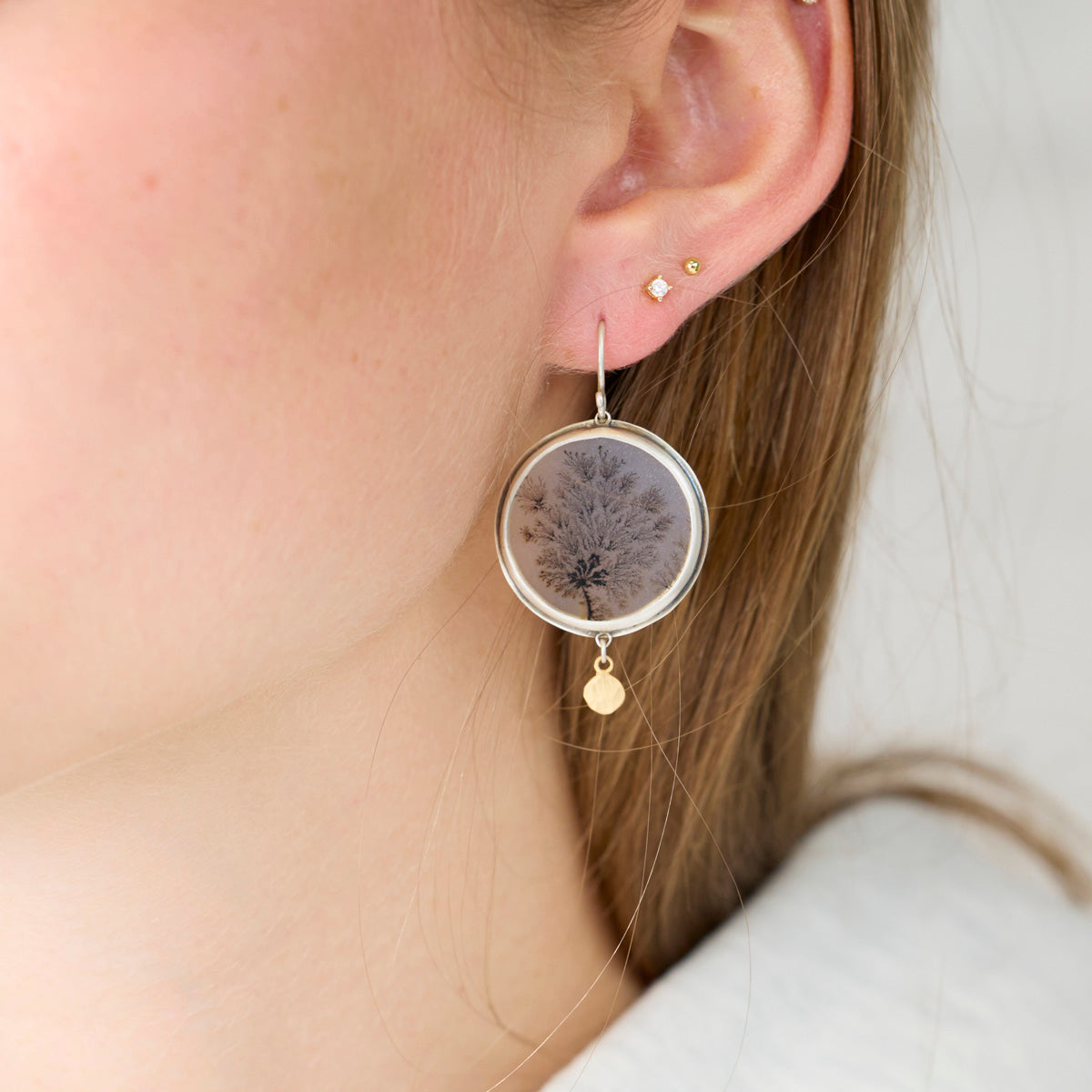 Dendritic Agate Earrings with Gold Disk