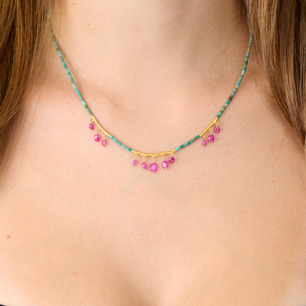 Turquoise Necklace with Ruby Fringe