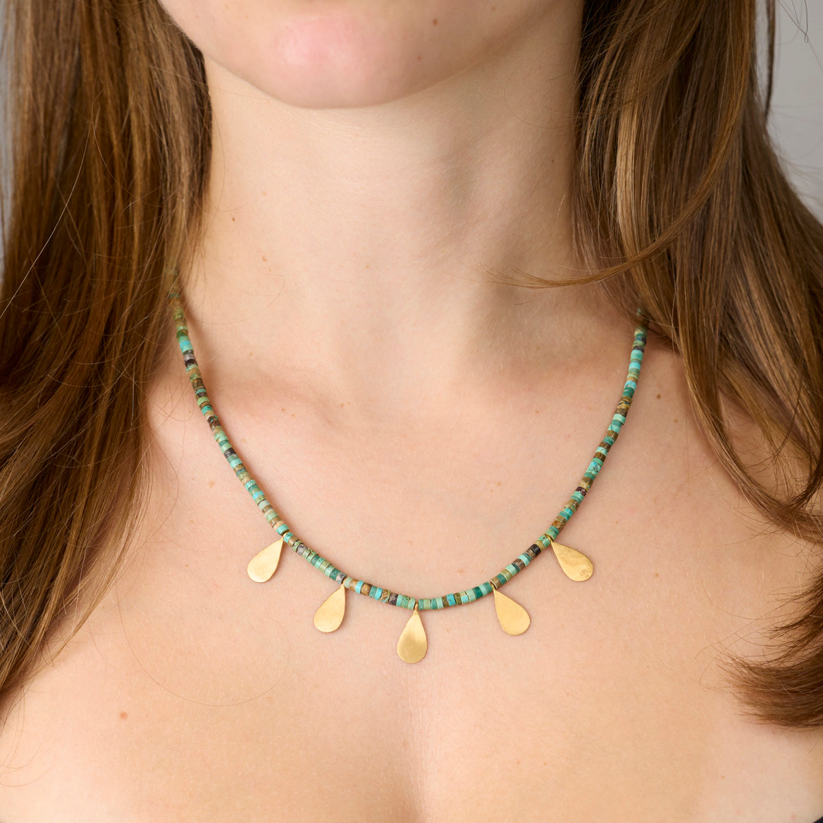 Turquoise Necklace with Hammered Gold Teardrops