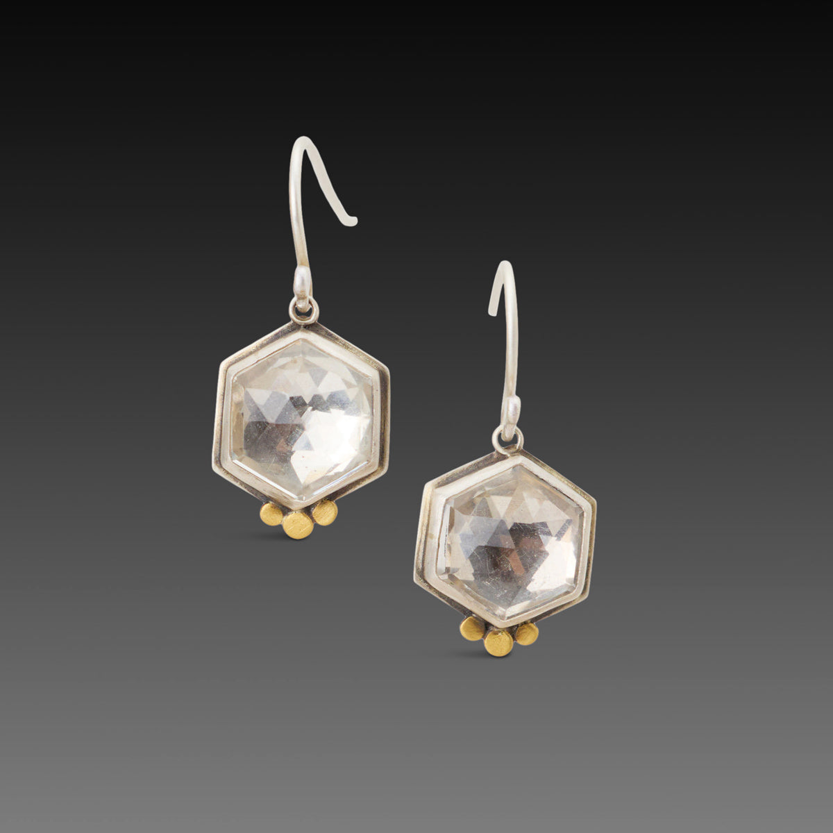 Geometric Clear Topaz Earrings with Gold Dots
