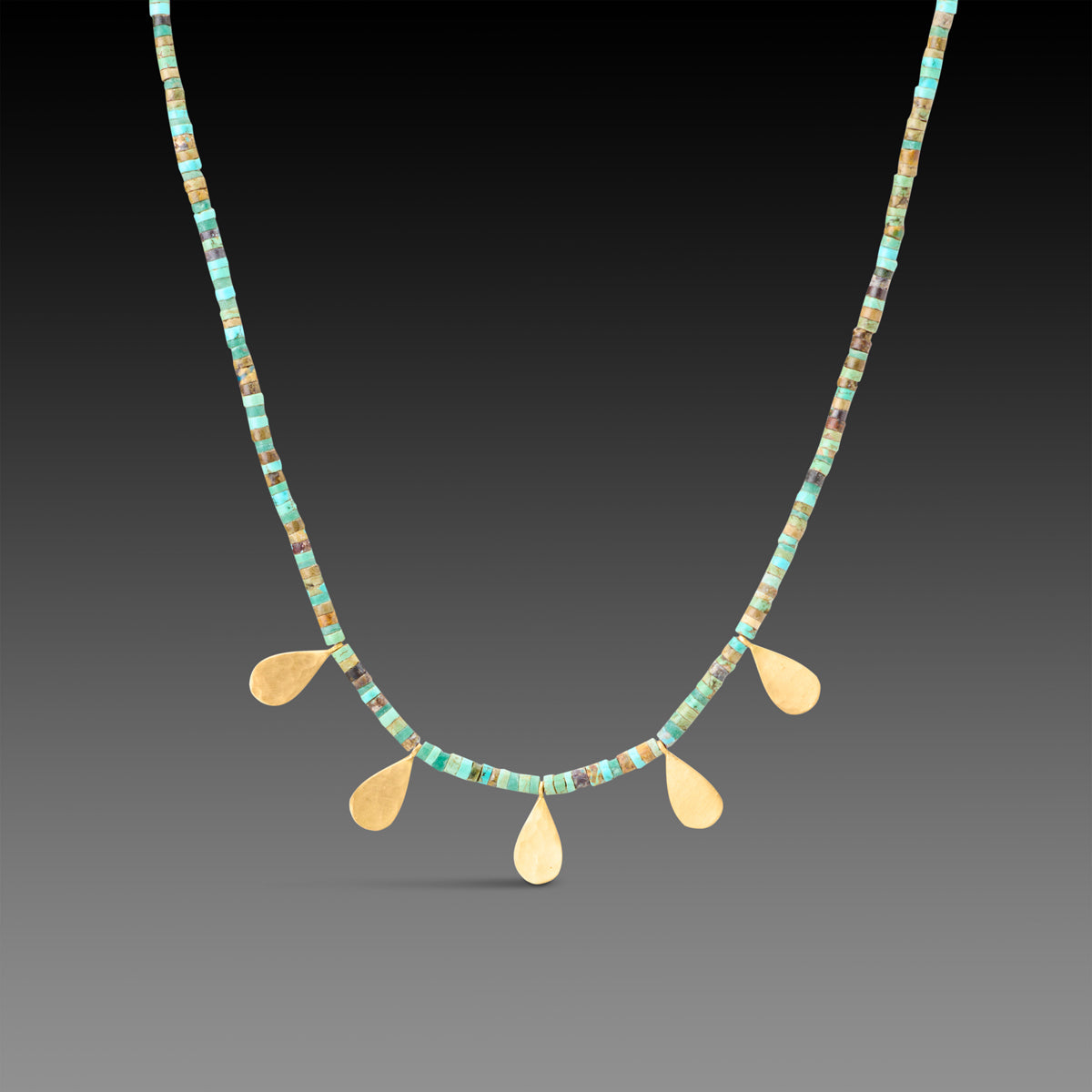 Turquoise Necklace with Hammered Gold Teardrops