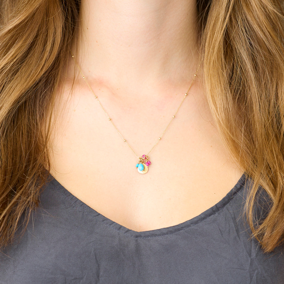 Turquoise, Ruby &amp; Gold Cluster Necklace