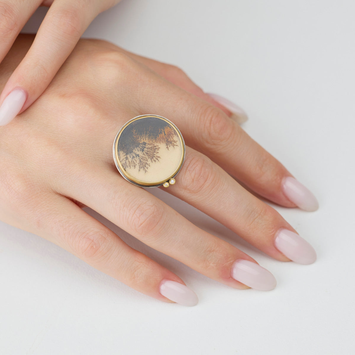 Dendritic Agate Ring with Diamonds