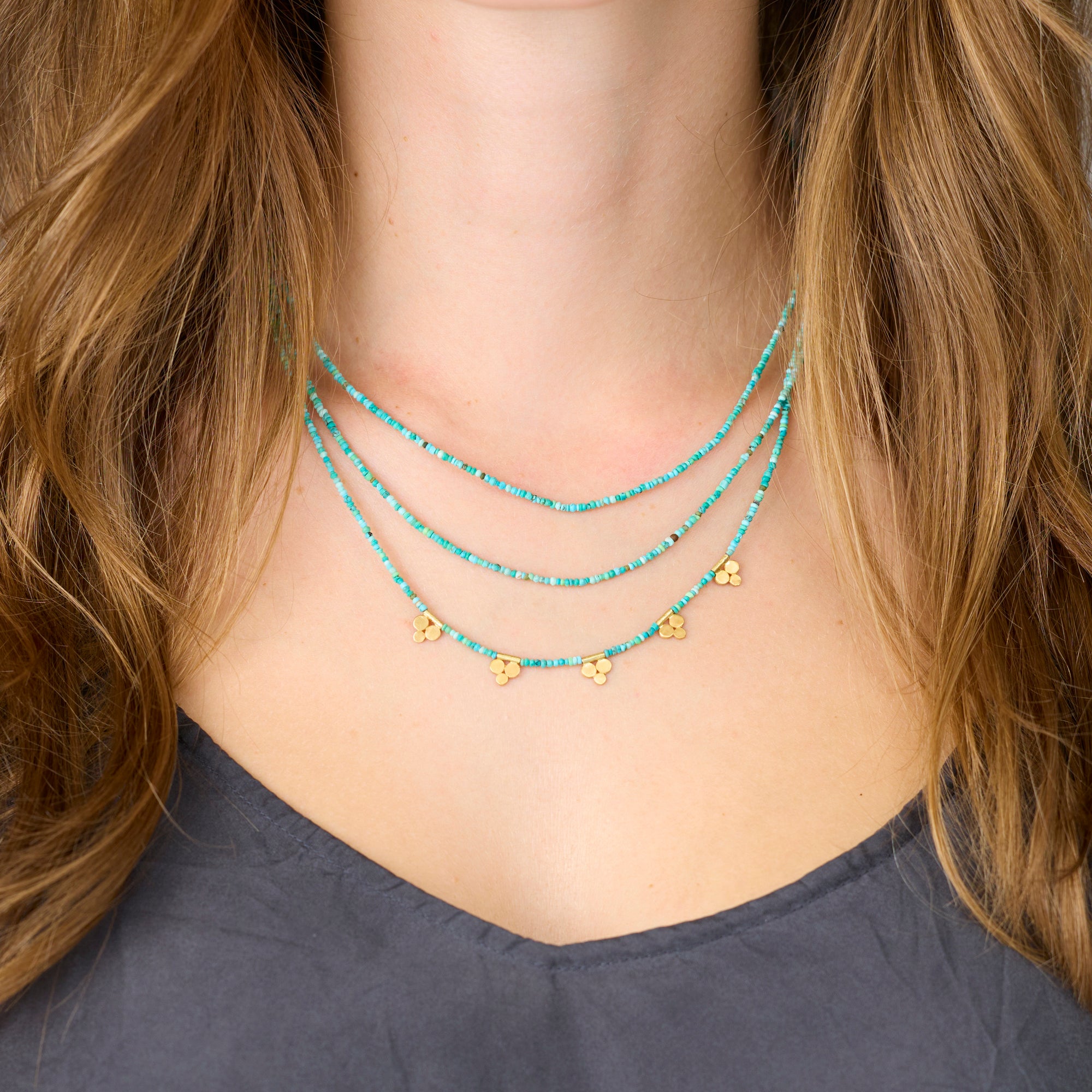 Triple Strand Turquoise Necklace with Gold Trios