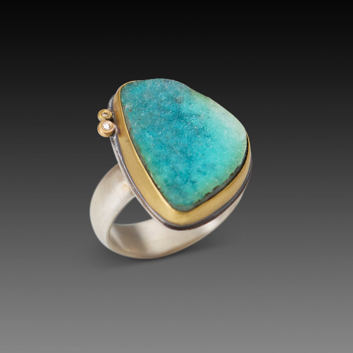 Ombre Chrysocolla Druzy Ring with Diamonds