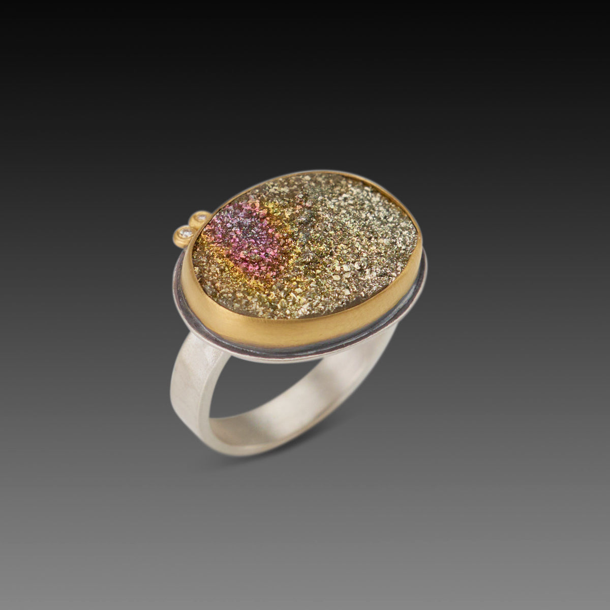 Pyrite Druzy Ring with Diamonds
