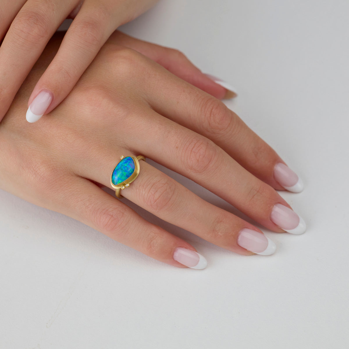 Organic Australian Opal Ring with Three Diamonds