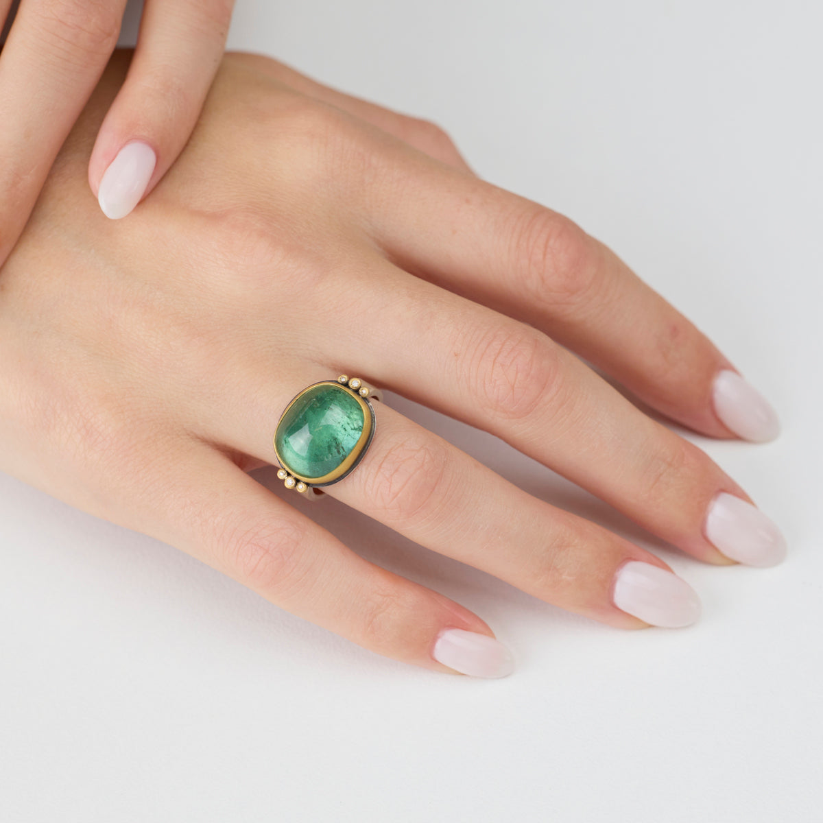 Smooth Green Tourmaline Ring with Diamonds