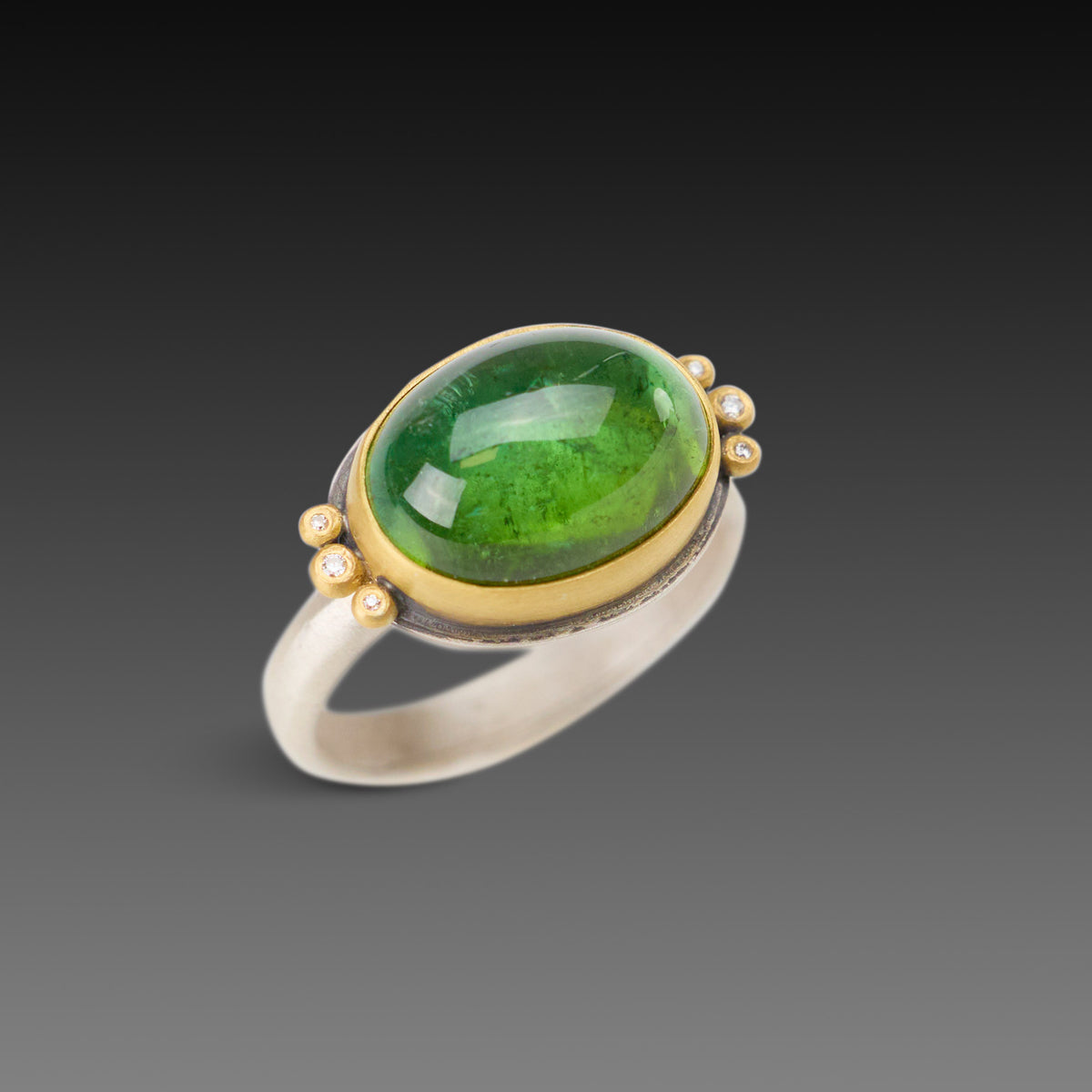 Smooth Green Tourmaline Ring with Diamond Trios