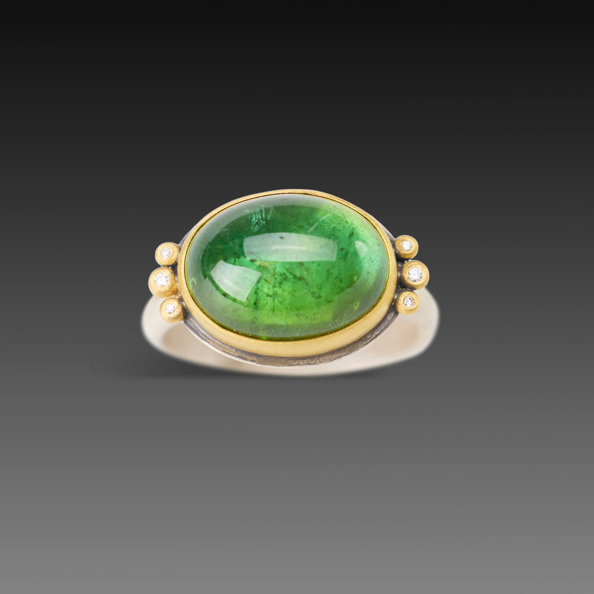 Smooth Green Tourmaline Ring with Diamond Trios