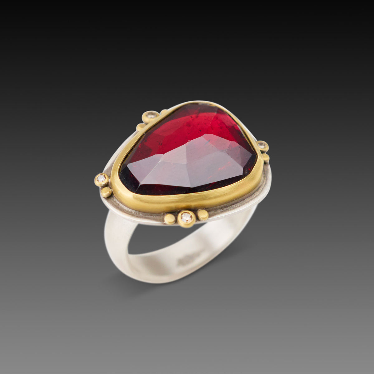 Rhodolite Garnet Ring with Diamond Trios