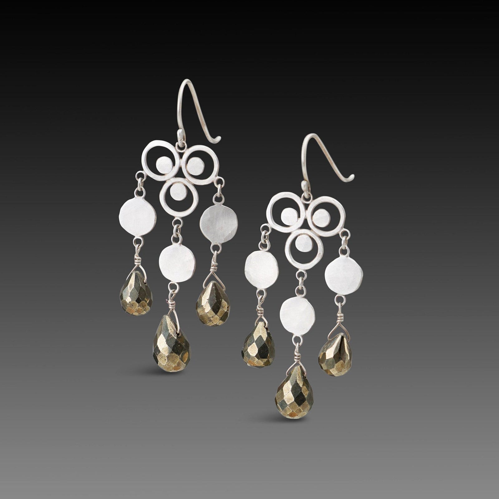 Silver Chandelier Filigree Earrings with Pyrite